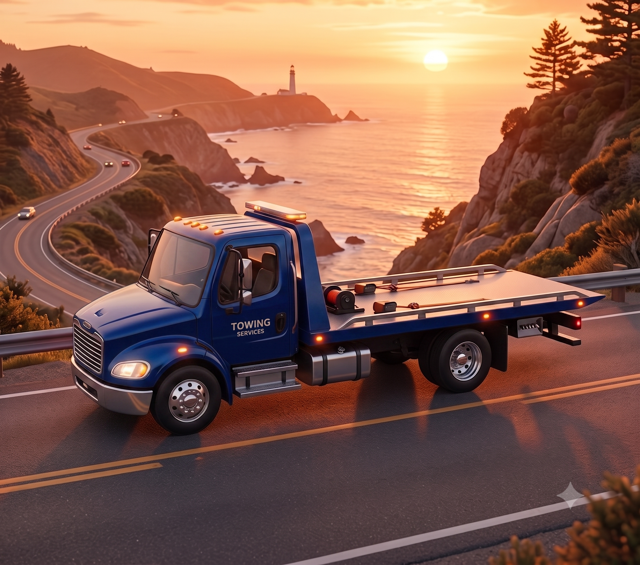 Red flatbed tow truck 3D render illustration